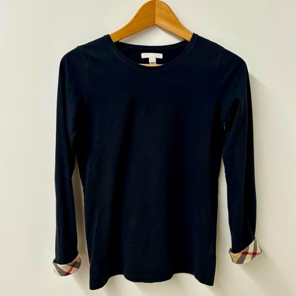 Auth Classic BURBERRY Nova Check Girl's Black Cotton Crewneck Top size 14